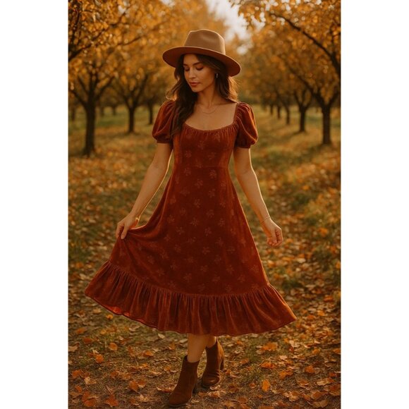 Lait Collection Velvet Dress Size XL Rust Floral Puff Sleeve Ruffle Hem Retro - Picture 10 of 17